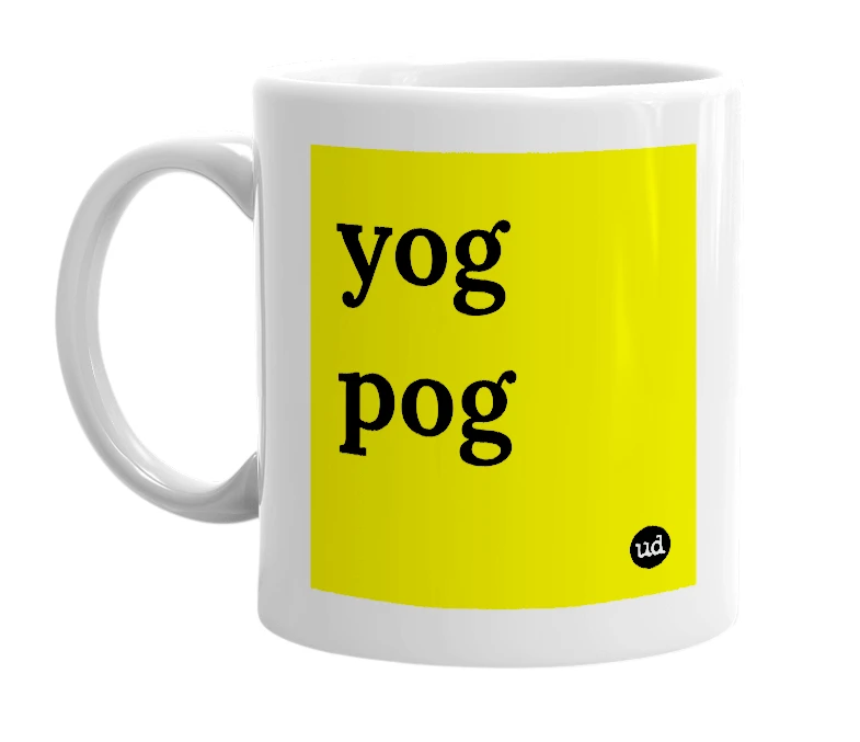 White mug with 'yog pog' in bold black letters
