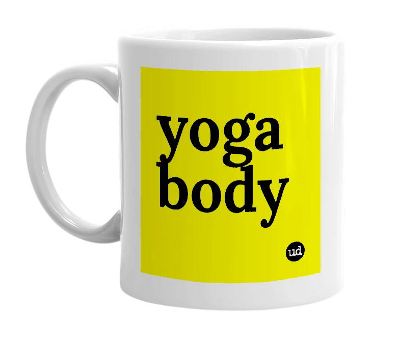 White mug with 'yoga body' in bold black letters