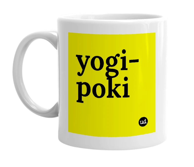 White mug with 'yogi-poki' in bold black letters