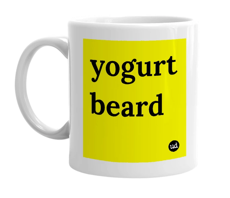 White mug with 'yogurt beard' in bold black letters