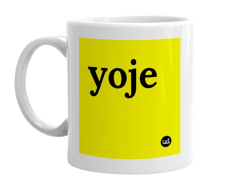 White mug with 'yoje' in bold black letters