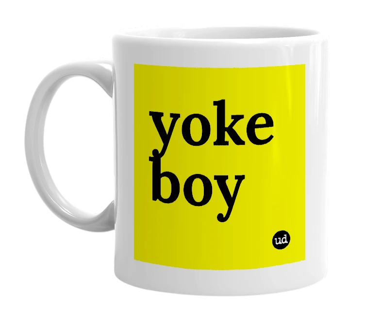 White mug with 'yoke boy' in bold black letters