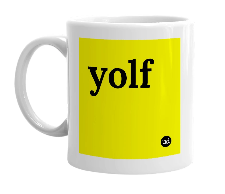 White mug with 'yolf' in bold black letters