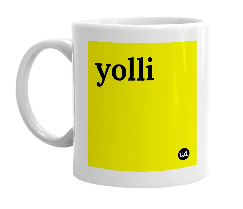 White mug with 'yolli' in bold black letters