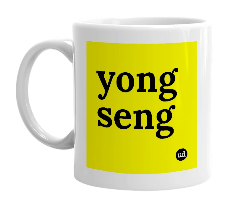 White mug with 'yong seng' in bold black letters