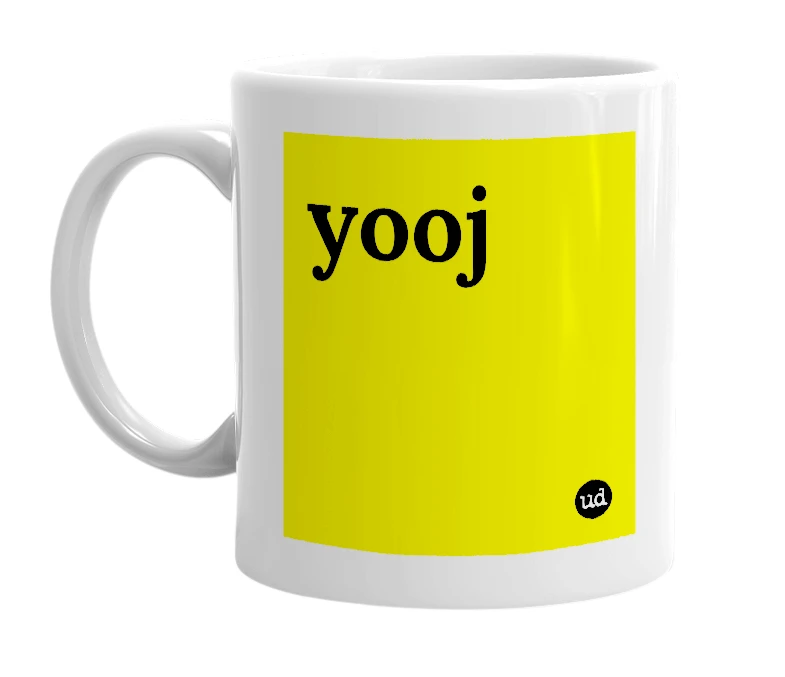 White mug with 'yooj' in bold black letters