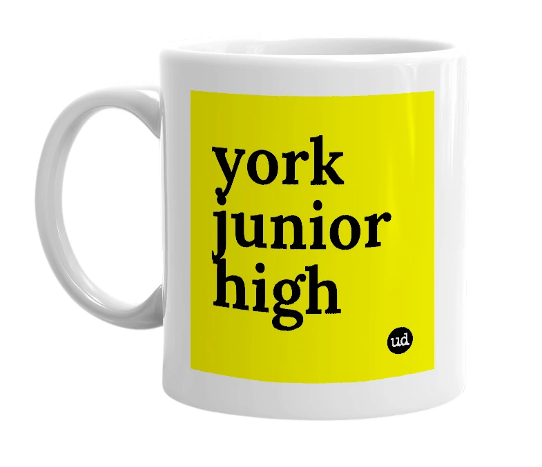 White mug with 'york junior high' in bold black letters