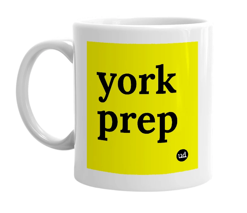 White mug with 'york prep' in bold black letters