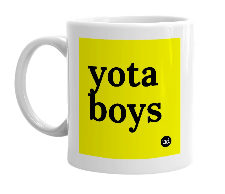 White mug with 'yota boys' in bold black letters