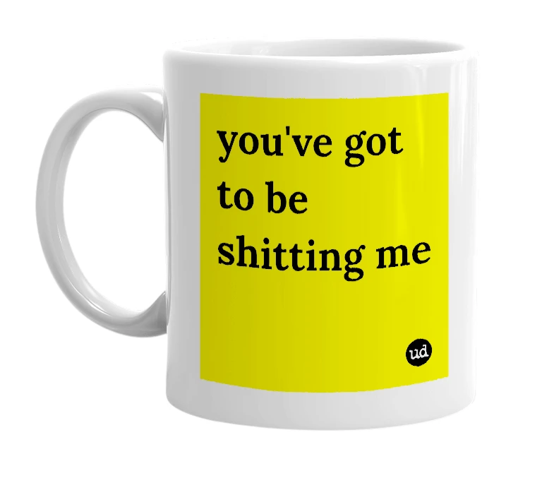 White mug with 'you've got to be shitting me' in bold black letters