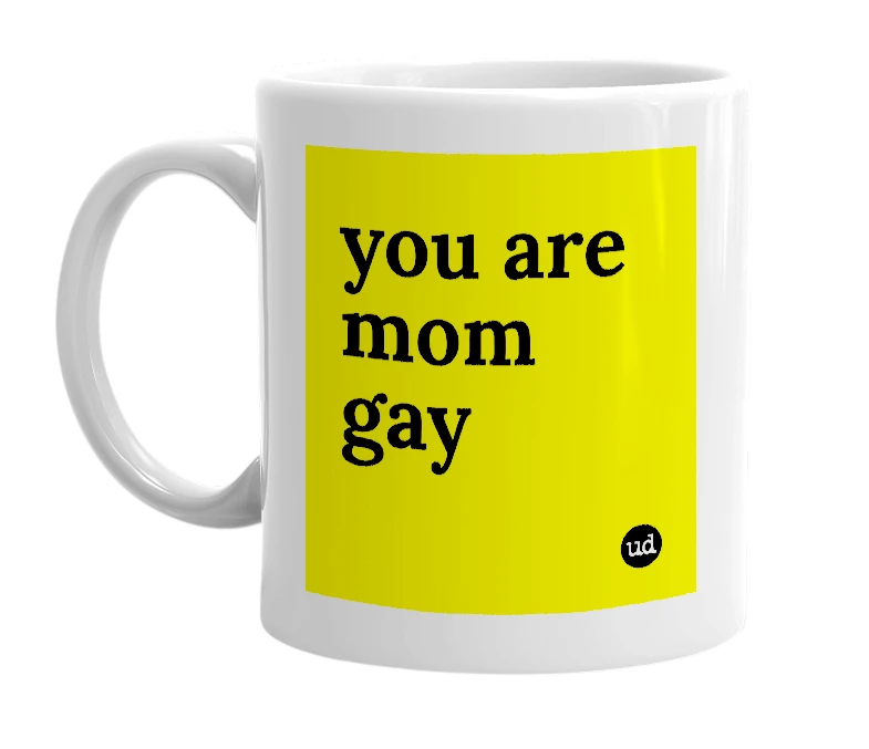 White mug with 'you are mom gay' in bold black letters