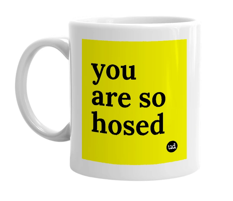 White mug with 'you are so hosed' in bold black letters