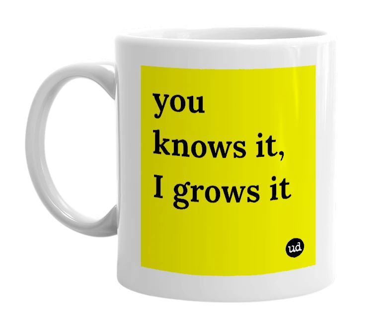 White mug with 'you knows it, I grows it' in bold black letters