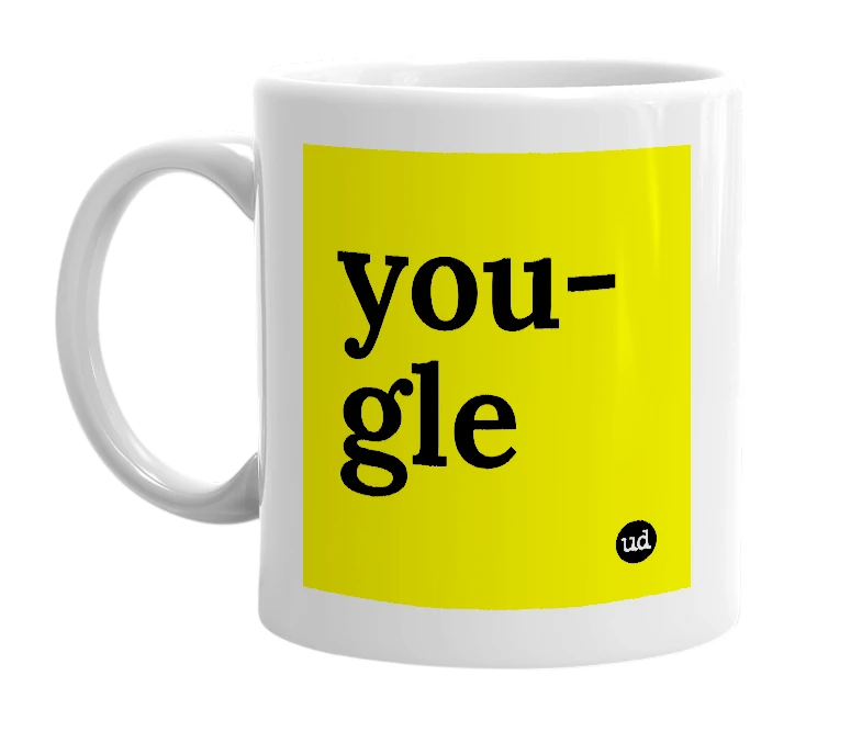 White mug with 'you-gle' in bold black letters