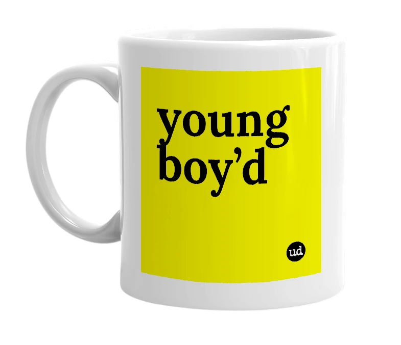 White mug with 'young boy’d' in bold black letters