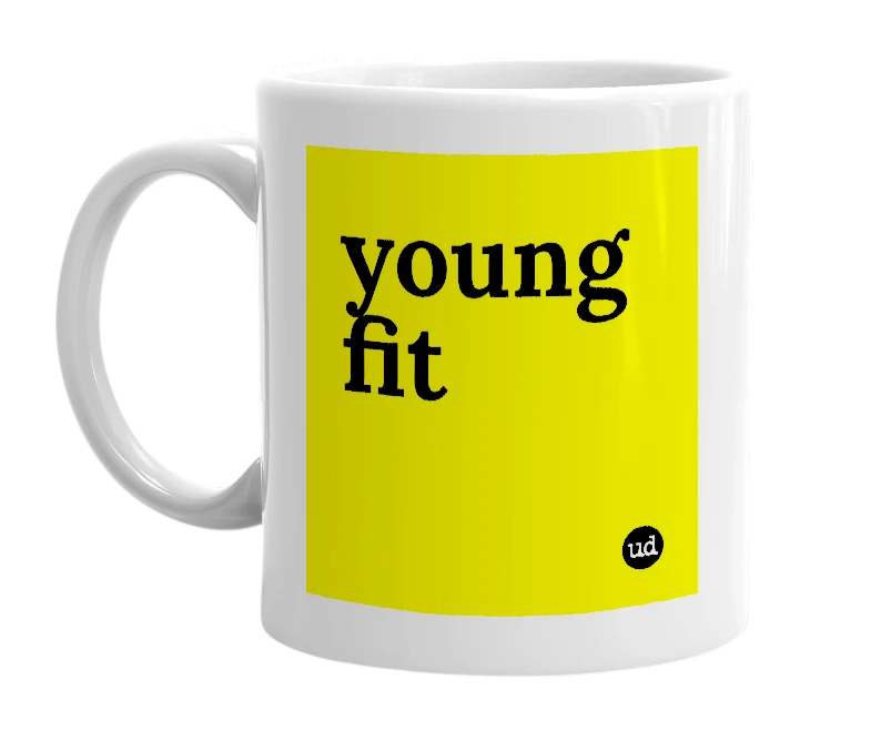 White mug with 'young fit' in bold black letters