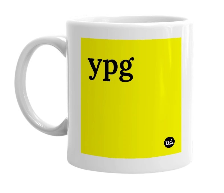 White mug with 'ypg' in bold black letters