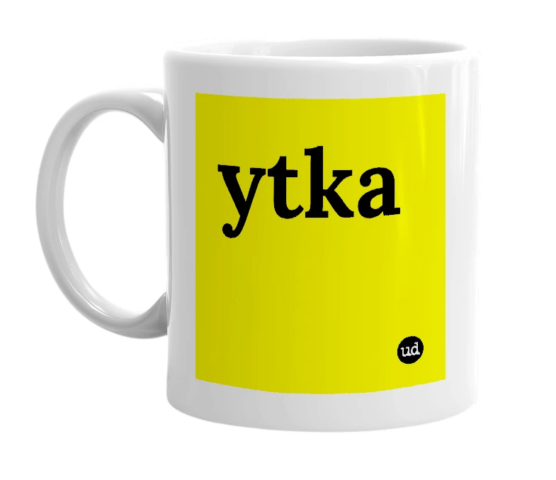 White mug with 'ytka' in bold black letters