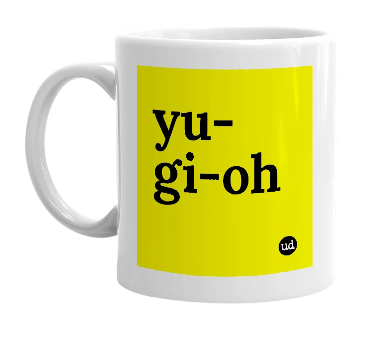 White mug with 'yu-gi-oh' in bold black letters