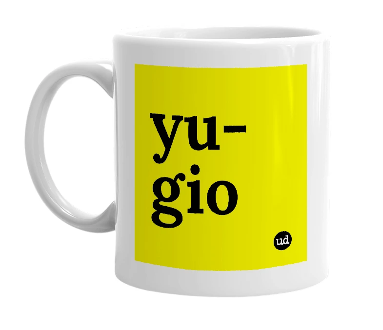 White mug with 'yu-gio' in bold black letters