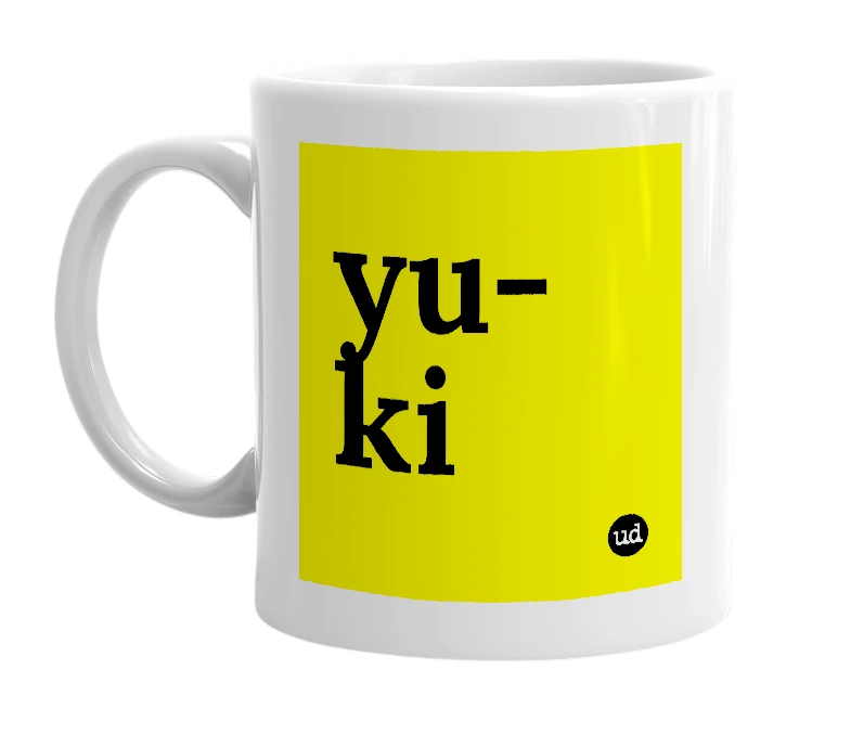 White mug with 'yu-ki' in bold black letters