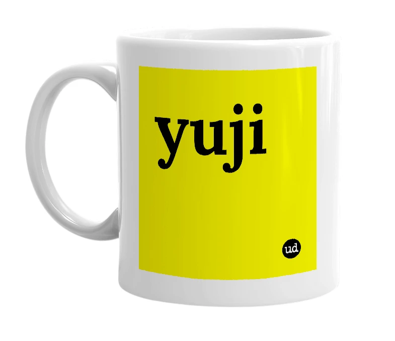 White mug with 'yuji' in bold black letters