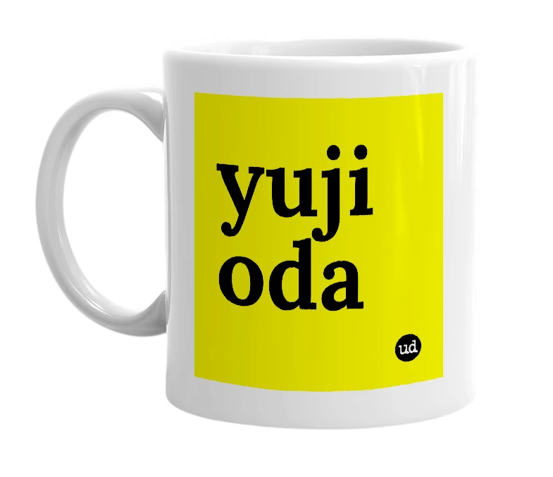 White mug with 'yuji oda' in bold black letters