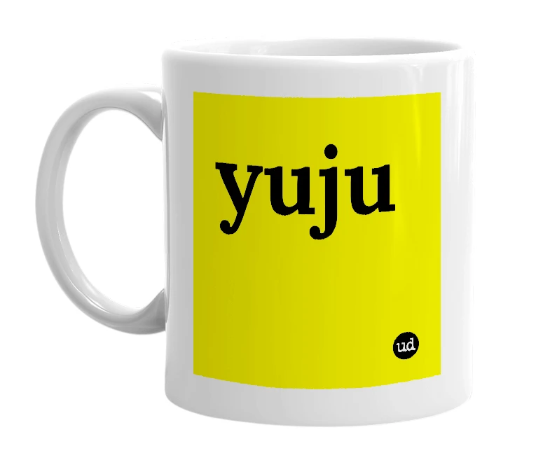 White mug with 'yuju' in bold black letters