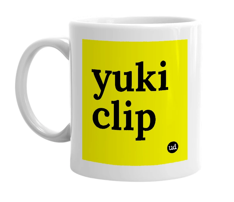 White mug with 'yuki clip' in bold black letters