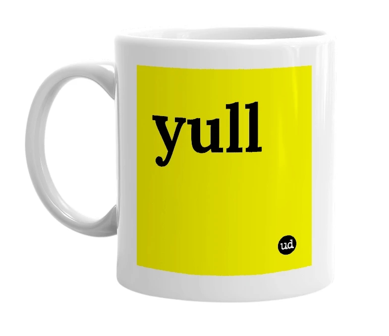 White mug with 'yull' in bold black letters