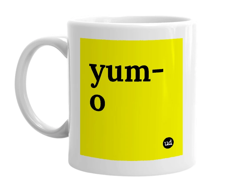 White mug with 'yum-o' in bold black letters