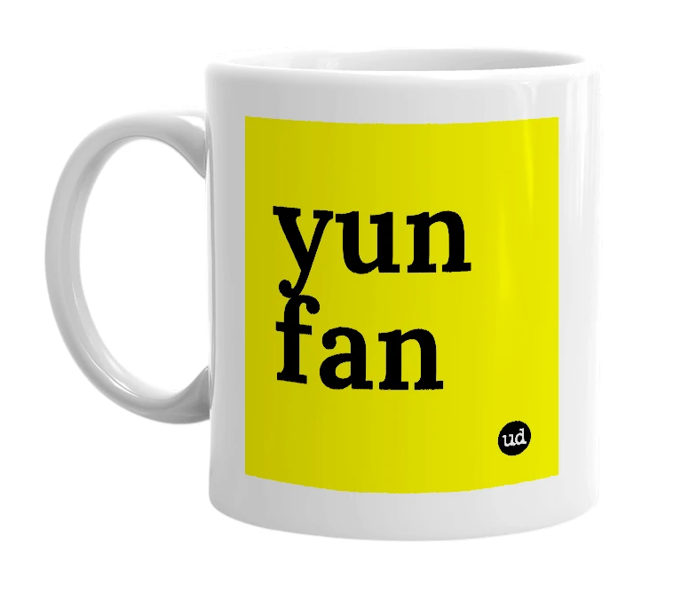 White mug with 'yun fan' in bold black letters