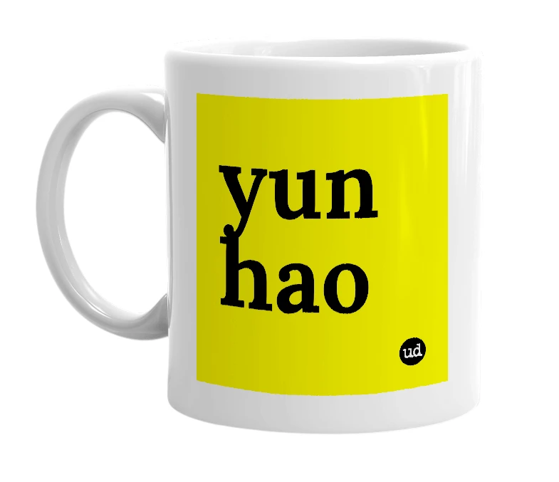 White mug with 'yun hao' in bold black letters