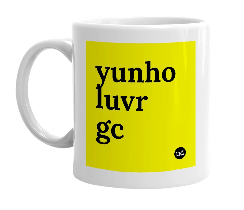 White mug with 'yunho luvr gc' in bold black letters