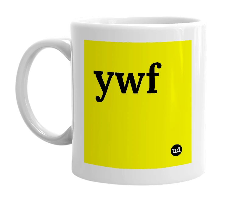 White mug with 'ywf' in bold black letters