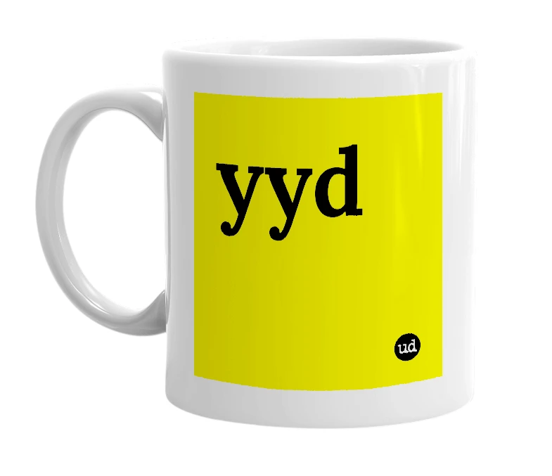 White mug with 'yyd' in bold black letters