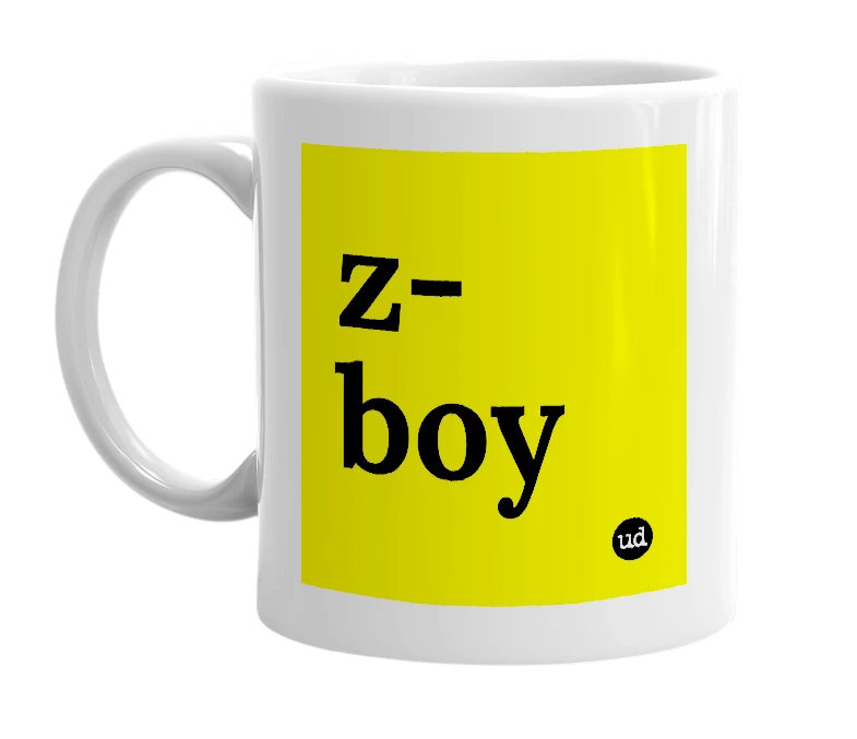 White mug with 'z-boy' in bold black letters