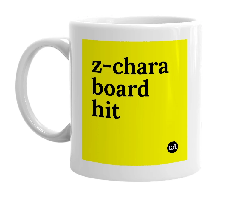 White mug with 'z-chara board hit' in bold black letters