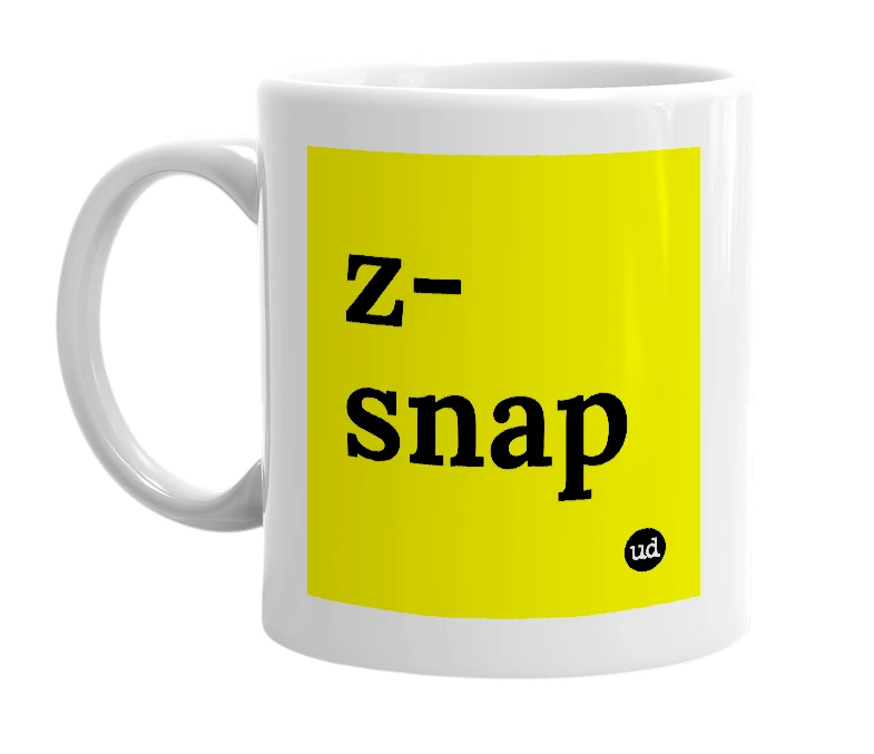 White mug with 'z-snap' in bold black letters