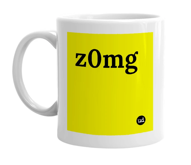 White mug with 'z0mg' in bold black letters