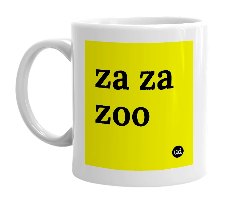 White mug with 'za za zoo' in bold black letters