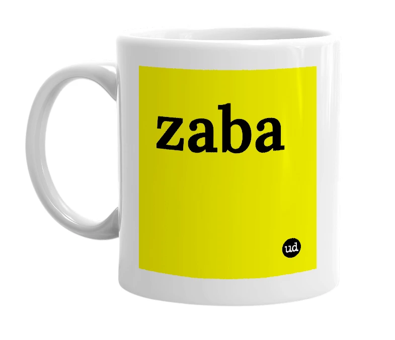 White mug with 'zaba' in bold black letters