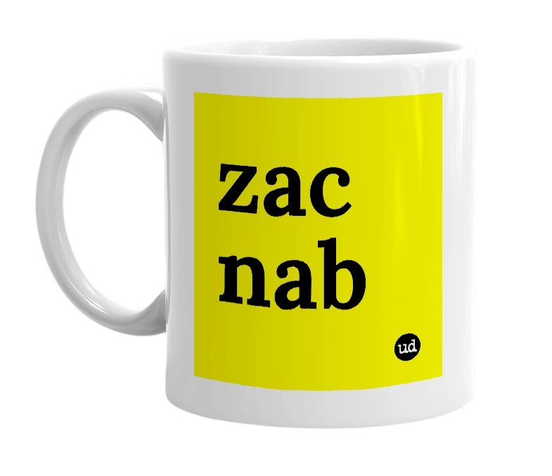White mug with 'zac nab' in bold black letters