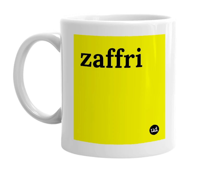 White mug with 'zaffri' in bold black letters