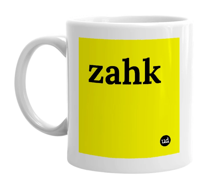 White mug with 'zahk' in bold black letters