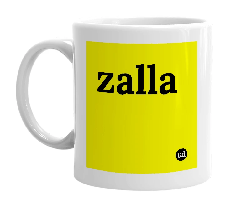White mug with 'zalla' in bold black letters