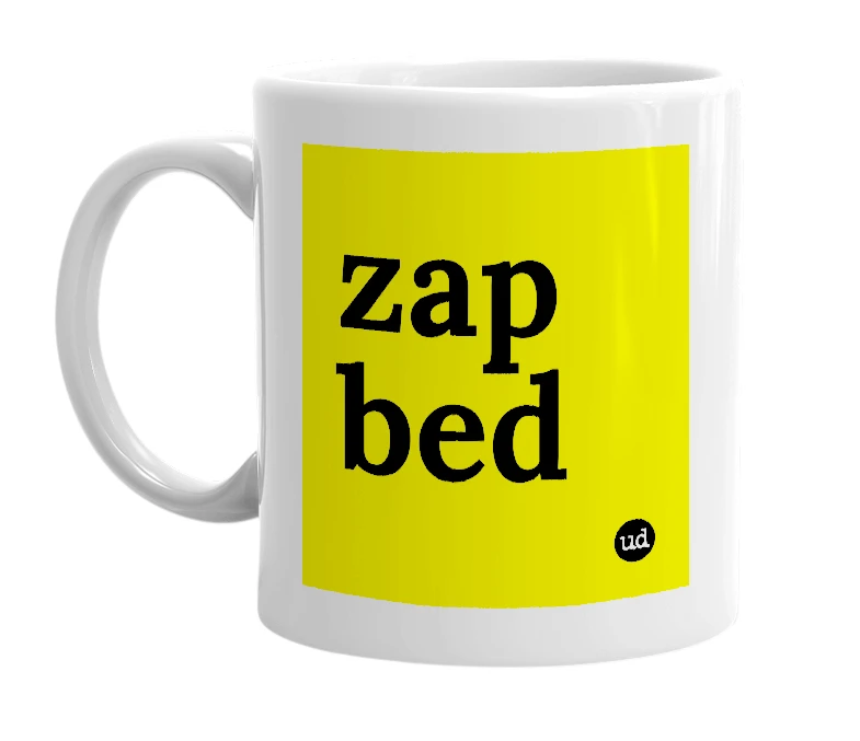 White mug with 'zap bed' in bold black letters