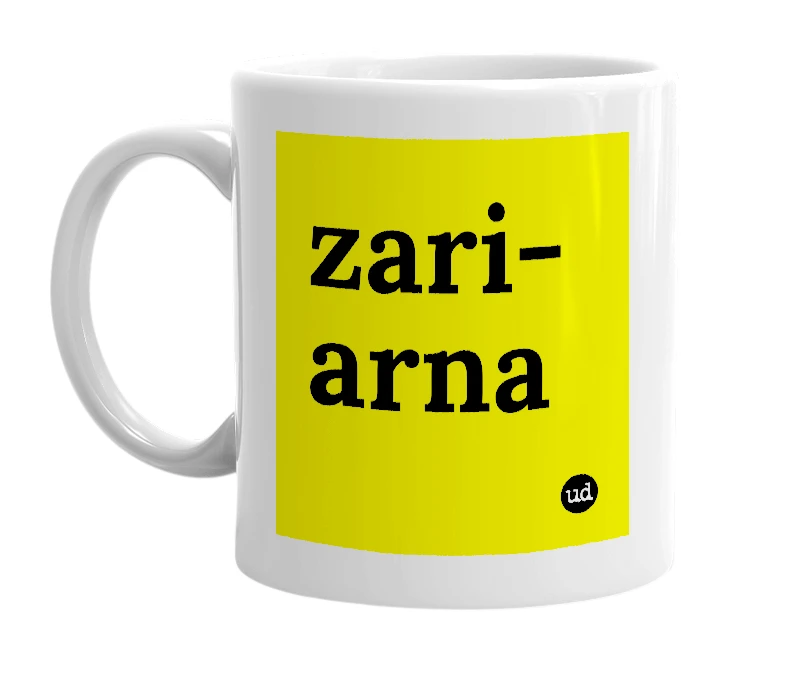 White mug with 'zari-arna' in bold black letters