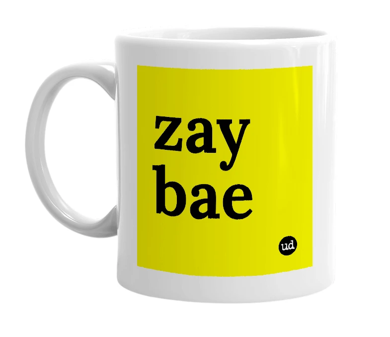 White mug with 'zay bae' in bold black letters