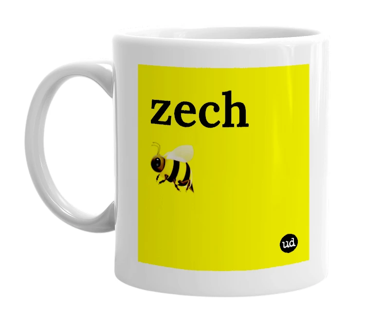 White mug with 'zech 🐝' in bold black letters